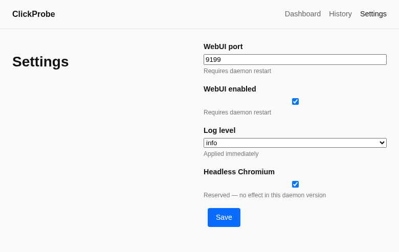 Settings editor for port, enabled, log level, and headless mode.